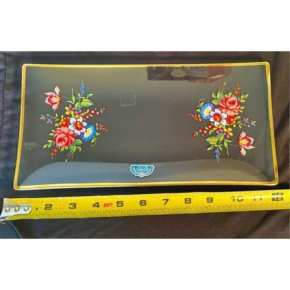 Vintage Silver City Glass NOS Floral Hand Painted Serving Tray Beautiful